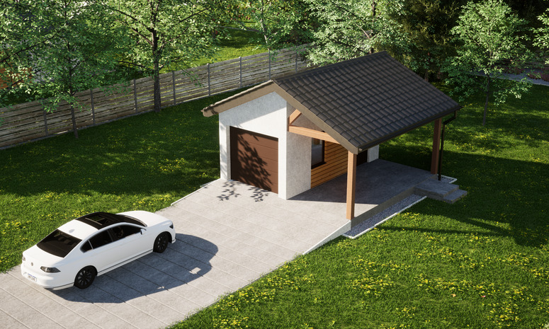 Garaż ERDOL G1W - Wersja prawa - Układ kalenicy prostopadły z dachem dwuspadowym o kącie nachylenia 25 stopni - Brama segmentowa z napędem IO, sterowana pilotem - UniPro WIŚNIOWSKI - Styropian, siatka i klej - Orzech