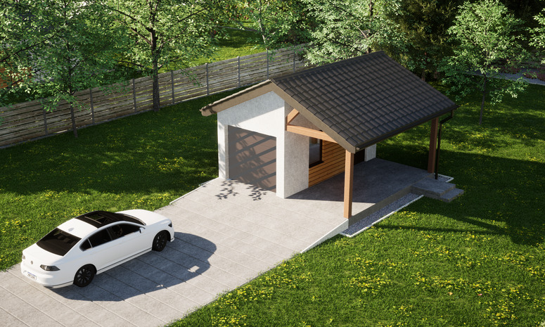 Garaż ERDOL G1W - Wersja prawa - Układ kalenicy prostopadły z dachem dwuspadowym o kącie nachylenia 25 stopni - Bez bramy - Styropian, siatka i klej - Orzech