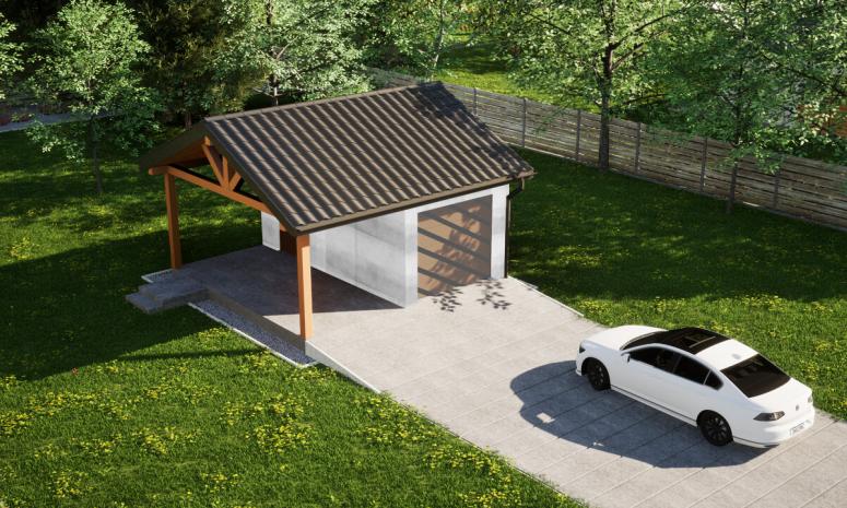 Garaż ERDOL G1W - Wersja lewa - Układ kalenicy równoległy z dachem dwuspadowym o kącie nachylenia 25 stopni - Bez bramy - Bez styropianu, siatki i kleju - Złoty dąb