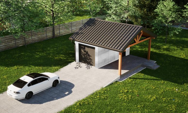Garaż ERDOL G1W - Wersja prawa - Układ kalenicy równoległy z dachem dwuspadowym o kącie nachylenia 25 stopni - Brama segmentowa z napędem IO, sterowana pilotem - UniPro WIŚNIOWSKI - Bez styropianu, siatki i kleju - Antracyt