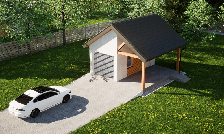 Garaż ERDOL G1W - Wersja prawa - Układ kalenicy prostopadły z dachem dwuspadowym o kącie nachylenia 35 stopni - Bez bramy - Styropian, siatka i klej - Biały