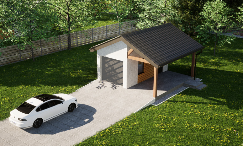 Garaż ERDOL G1W - Wersja prawa - Układ kalenicy prostopadły z dachem dwuspadowym o kącie nachylenia 25 stopni - Bez bramy - Styropian, siatka i klej - Antracyt