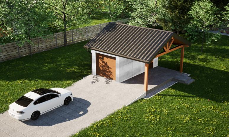 Garaż ERDOL G1W - Wersja prawa - Układ kalenicy równoległy z dachem dwuspadowym o kącie nachylenia 25 stopni - Brama segmentowa z napędem IO, sterowana pilotem - UniPro WIŚNIOWSKI - Bez styropianu, siatki i kleju - Złoty dąb