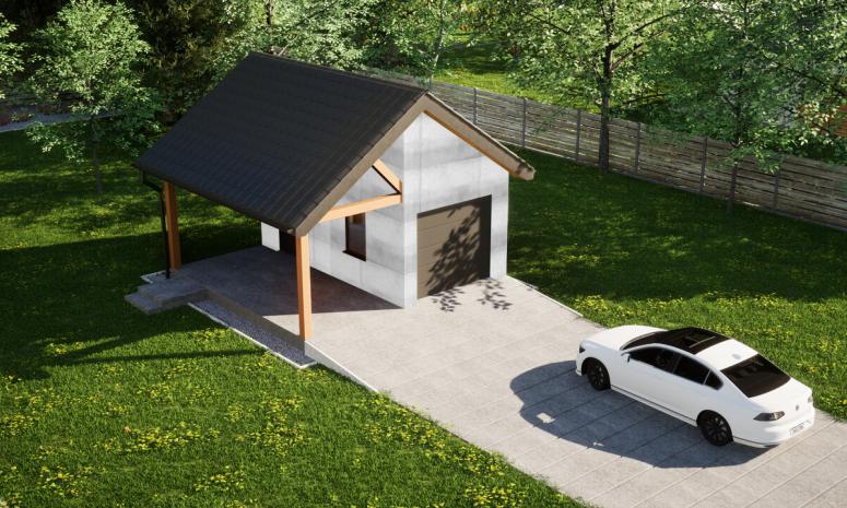 Garaż ERDOL G1W - Wersja lewa - Układ kalenicy prostopadły z dachem dwuspadowym o kącie nachylenia 35 stopni - Brama segmentowa z napędem IO, sterowana pilotem - UniPro WIŚNIOWSKI - Bez styropianu, siatki i kleju - Antracyt