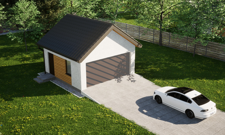 Garaż ERDOL G2 - Wersja lewa - Układ kalenicy prostopadły z dachem dwuspadowym o kącie nachylenia 35 stopni - Bez bramy - Styropian, siatka i klej - Orzech