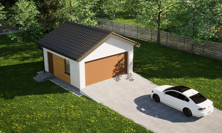 Garaż ERDOL G2 - Wersja lewa - Układ kalenicy prostopadły z dachem dwuspadowym o kącie nachylenia 25 stopni - Brama segmentowa z napędem IO, sterowana pilotem - UniPro WIŚNIOWSKI - Styropian, siatka i klej - Złoty dąb