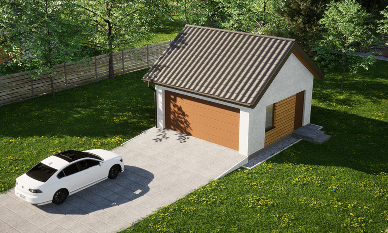 Garaż ERDOL G2 - Wersja prawa - Układ kalenicy równoległy z dachem dwuspadowym o kącie nachylenia 35 stopni - Brama segmentowa z napędem IO, sterowana pilotem - UniPro WIŚNIOWSKI - Styropian, siatka i klej - Złoty dąb