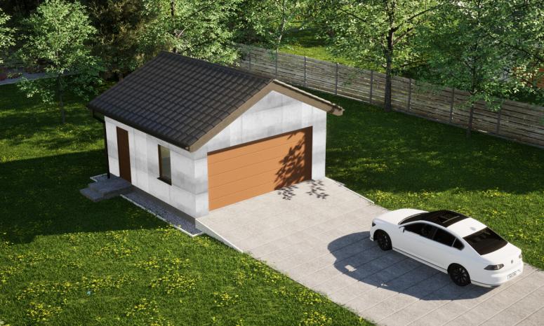 Garaż ERDOL G2 - Wersja lewa - Układ kalenicy prostopadły z dachem dwuspadowym o kącie nachylenia 25 stopni - Brama segmentowa z napędem IO, sterowana pilotem - UniPro WIŚNIOWSKI - Bez styropianu, siatki i kleju - Złoty dąb