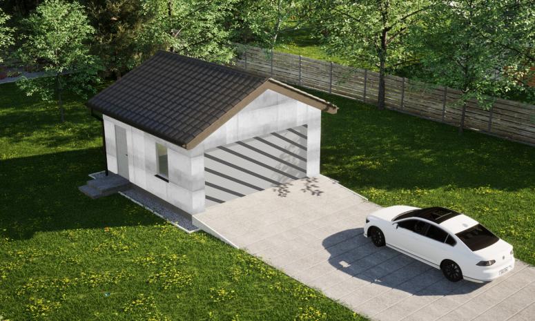 Garaż ERDOL G2 - Wersja lewa - Układ kalenicy prostopadły z dachem dwuspadowym o kącie nachylenia 25 stopni - Bez bramy - Bez styropianu, siatki i kleju - Biały