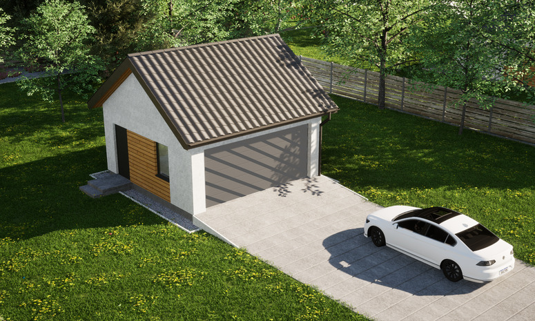 Garaż ERDOL G2 - Wersja lewa - Układ kalenicy równoległy z dachem dwuspadowym o kącie nachylenia 35 stopni - Bez bramy - Styropian, siatka i klej - Antracyt