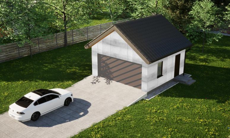 Garaż ERDOL G2 - Wersja prawa - Układ kalenicy prostopadły z dachem dwuspadowym o kącie nachylenia 35 stopni - Bez bramy - Bez styropianu, siatki i kleju - Orzech