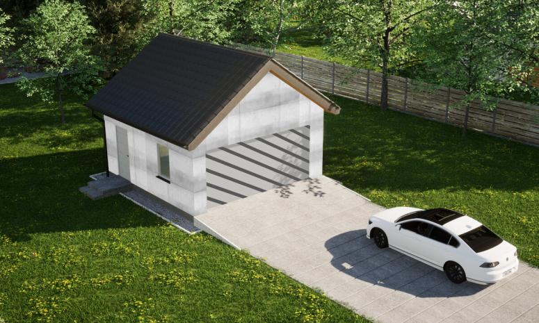 Garaż ERDOL G2 - Wersja lewa - Układ kalenicy prostopadły z dachem dwuspadowym o kącie nachylenia 35 stopni - Bez bramy - Bez styropianu, siatki i kleju - Biały