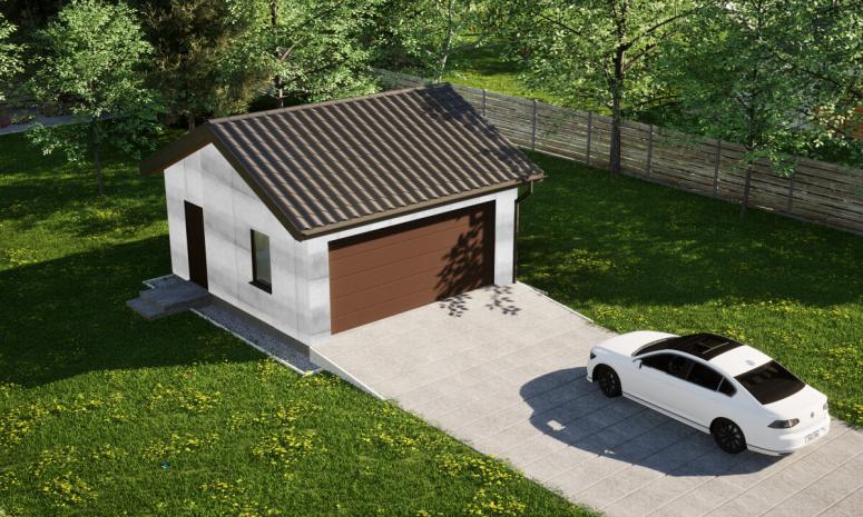 Garaż ERDOL G2 - Wersja lewa - Układ kalenicy równoległy z dachem dwuspadowym o kącie nachylenia 25 stopni - Brama segmentowa z napędem IO, sterowana pilotem - UniPro WIŚNIOWSKI - Bez styropianu, siatki i kleju - Orzech