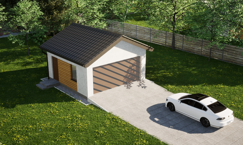 Garaż ERDOL G2 - Wersja lewa - Układ kalenicy prostopadły z dachem dwuspadowym o kącie nachylenia 25 stopni - Bez bramy - Styropian, siatka i klej - Złoty dąb
