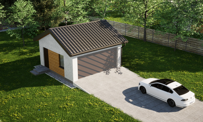 Garaż ERDOL G2 - Wersja lewa - Układ kalenicy równoległy z dachem dwuspadowym o kącie nachylenia 25 stopni - Bez bramy - Styropian, siatka i klej - Orzech