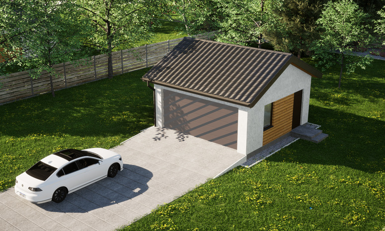 Garaż ERDOL G2 - Wersja prawa - Układ kalenicy równoległy z dachem dwuspadowym o kącie nachylenia 25 stopni - Bez bramy - Styropian, siatka i klej - Orzech