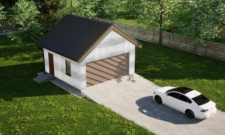 Garaż ERDOL G2 - Wersja lewa - Układ kalenicy prostopadły z dachem dwuspadowym o kącie nachylenia 35 stopni - Bez bramy - Bez styropianu, siatki i kleju - Złoty dąb