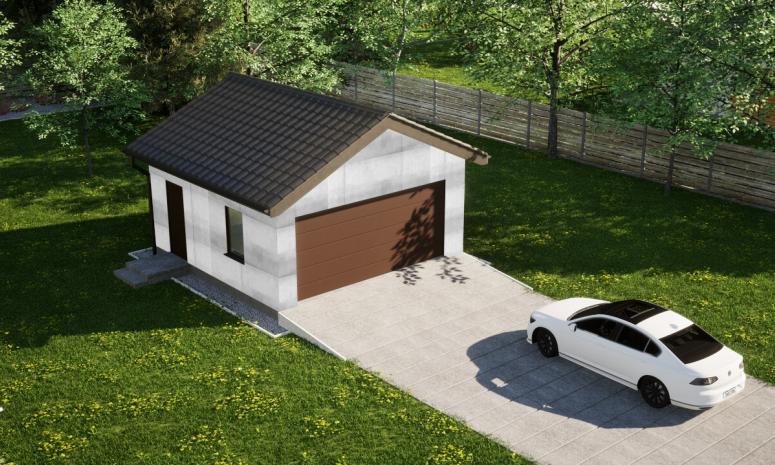 Garaż ERDOL G2 - Wersja lewa - Układ kalenicy prostopadły z dachem dwuspadowym o kącie nachylenia 25 stopni - Brama segmentowa z napędem IO, sterowana pilotem - UniPro WIŚNIOWSKI - Bez styropianu, siatki i kleju - Orzech