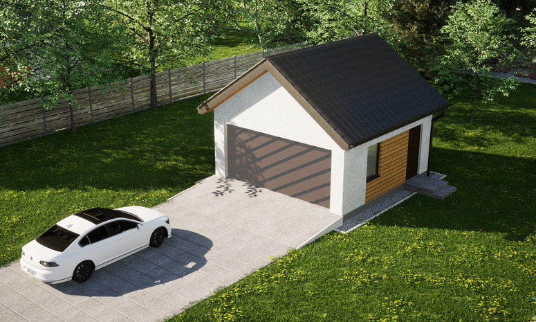 Garaż ERDOL G2 - Wersja prawa - Układ kalenicy prostopadły z dachem dwuspadowym o kącie nachylenia 35 stopni - Bez bramy - Styropian, siatka i klej - Orzech