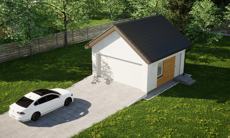 Garaż ERDOL G2 - Wersja prawa - Układ kalenicy prostopadły z dachem dwuspadowym o kącie nachylenia 35 stopni - Brama segmentowa z napędem IO, sterowana pilotem - UniPro WIŚNIOWSKI - Styropian, siatka i klej - Biały