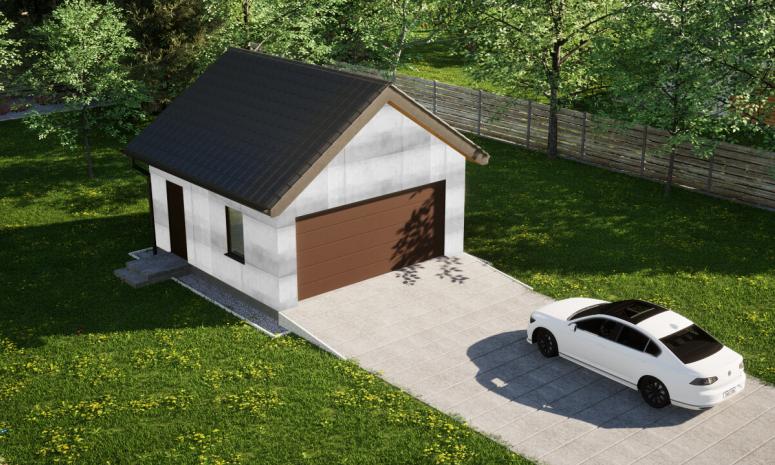 Garaż ERDOL G2 - Wersja lewa - Układ kalenicy prostopadły z dachem dwuspadowym o kącie nachylenia 35 stopni - Brama segmentowa z napędem IO, sterowana pilotem - UniPro WIŚNIOWSKI - Bez styropianu, siatki i kleju - Orzech