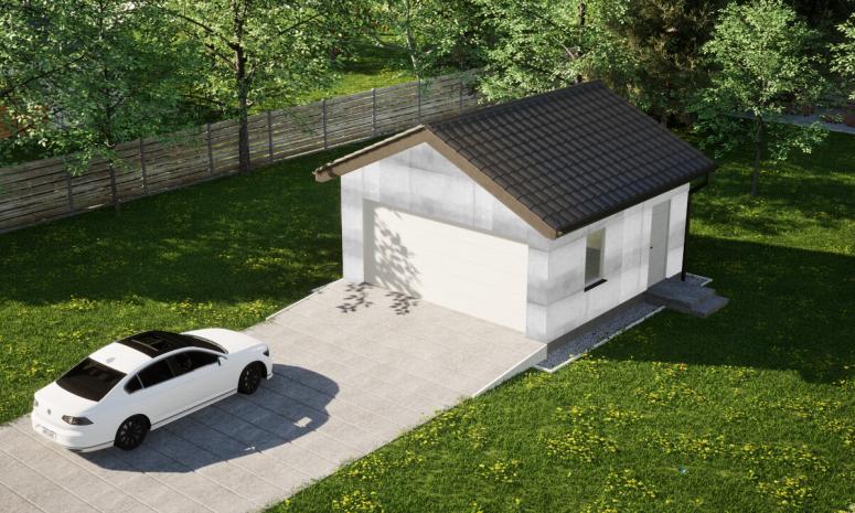 Garaż ERDOL G2 - Wersja prawa - Układ kalenicy prostopadły z dachem dwuspadowym o kącie nachylenia 25 stopni - Brama segmentowa z napędem IO, sterowana pilotem - UniPro WIŚNIOWSKI - Bez styropianu, siatki i kleju - Biały