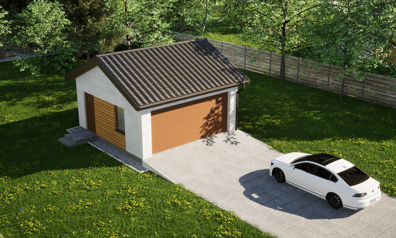 Garaż ERDOL G2 - Wersja lewa - Układ kalenicy równoległy z dachem dwuspadowym o kącie nachylenia 25 stopni - Brama segmentowa z napędem IO, sterowana pilotem - UniPro WIŚNIOWSKI - Styropian, siatka i klej - Złoty dąb