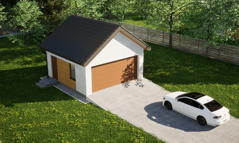 Garaż ERDOL G2 - Wersja lewa - Układ kalenicy prostopadły z dachem dwuspadowym o kącie nachylenia 35 stopni - Brama segmentowa z napędem IO, sterowana pilotem - UniPro WIŚNIOWSKI - Styropian, siatka i klej - Złoty dąb