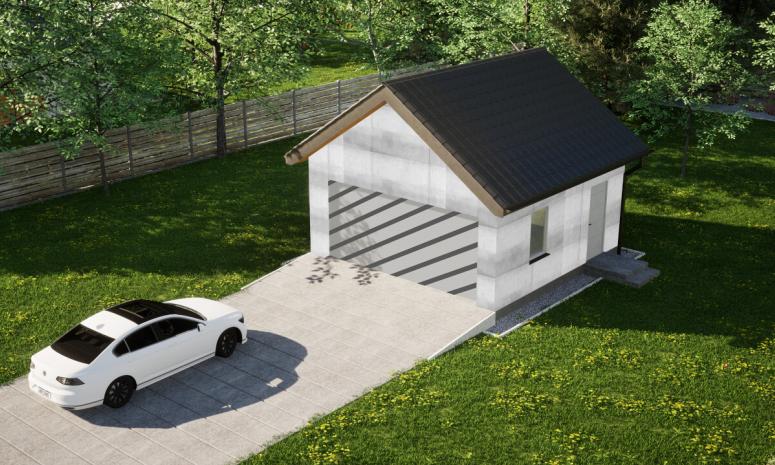 Garaż ERDOL G2 - Wersja prawa - Układ kalenicy prostopadły z dachem dwuspadowym o kącie nachylenia 35 stopni - Bez bramy - Bez styropianu, siatki i kleju - Biały