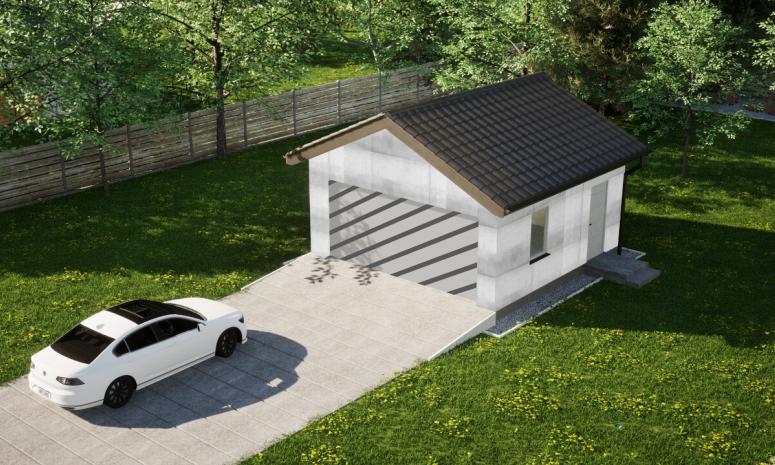 Garaż ERDOL G2 - Wersja prawa - Układ kalenicy prostopadły z dachem dwuspadowym o kącie nachylenia 25 stopni - Bez bramy - Bez styropianu, siatki i kleju - Biały