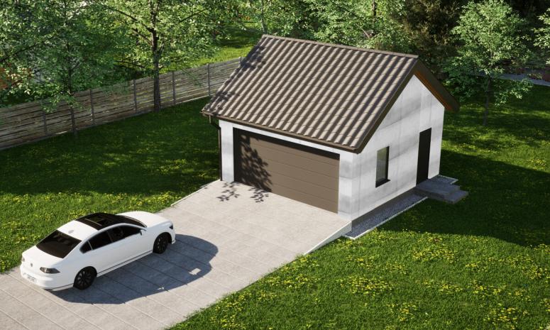 Garaż ERDOL G2 - Wersja prawa - Układ kalenicy równoległy z dachem dwuspadowym o kącie nachylenia 35 stopni - Brama segmentowa z napędem IO, sterowana pilotem - UniPro WIŚNIOWSKI - Bez styropianu, siatki i kleju - Antracyt