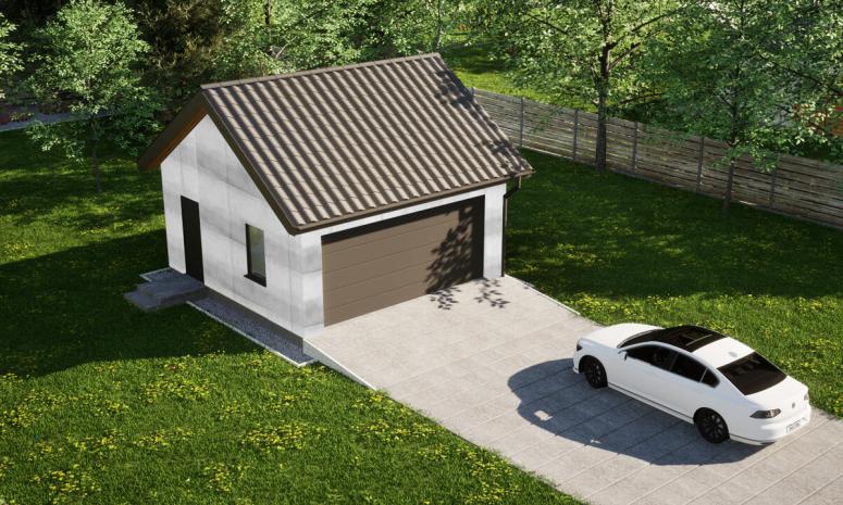 Garaż ERDOL G2 - Wersja lewa - Układ kalenicy równoległy z dachem dwuspadowym o kącie nachylenia 35 stopni - Brama segmentowa z napędem IO, sterowana pilotem - UniPro WIŚNIOWSKI - Bez styropianu, siatki i kleju - Antracyt