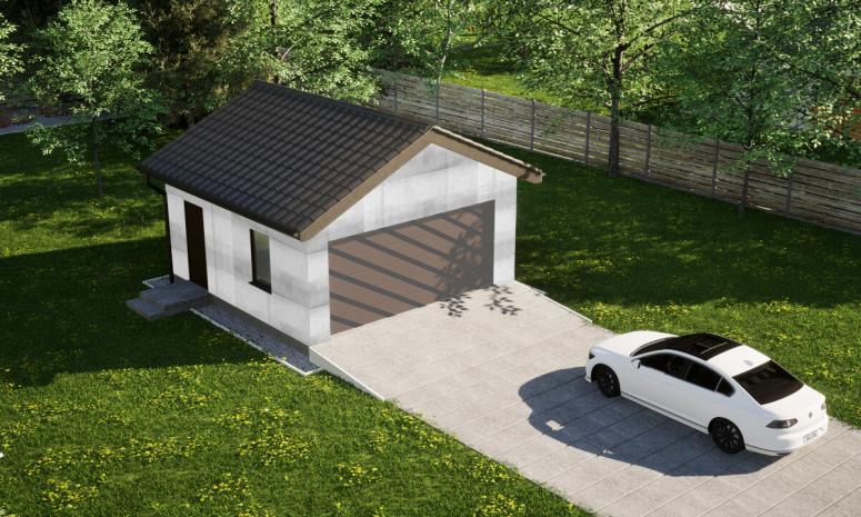 Garaż ERDOL G2 - Wersja lewa - Układ kalenicy prostopadły z dachem dwuspadowym o kącie nachylenia 25 stopni - Bez bramy - Bez styropianu, siatki i kleju - Orzech