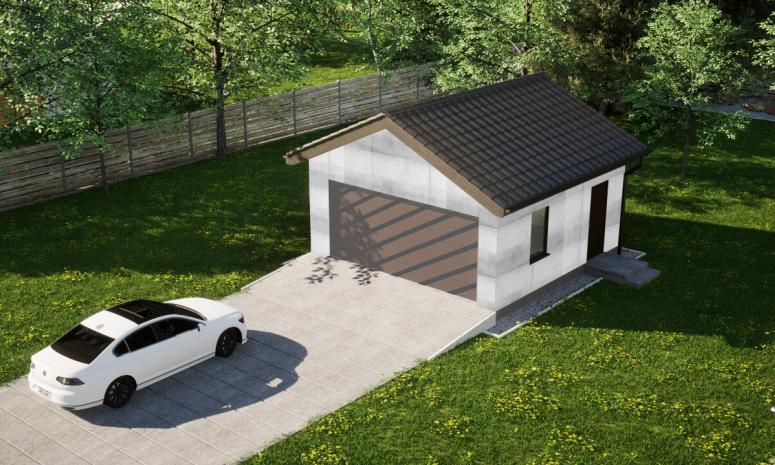 Garaż ERDOL G2 - Wersja prawa - Układ kalenicy prostopadły z dachem dwuspadowym o kącie nachylenia 25 stopni - Bez bramy - Bez styropianu, siatki i kleju - Orzech