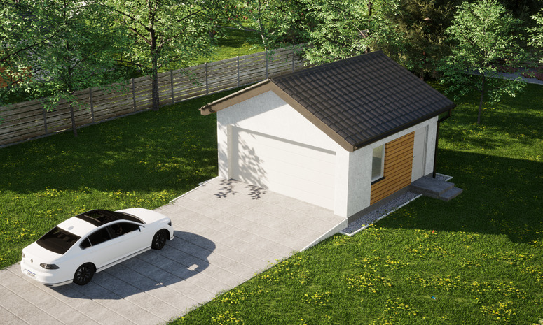 Garaż ERDOL G2 - Wersja prawa - Układ kalenicy prostopadły z dachem dwuspadowym o kącie nachylenia 25 stopni - Brama segmentowa z napędem IO, sterowana pilotem - UniPro WIŚNIOWSKI - Styropian, siatka i klej - Biały