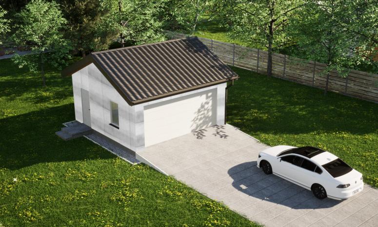 Garaż ERDOL G2 - Wersja lewa - Układ kalenicy równoległy z dachem dwuspadowym o kącie nachylenia 25 stopni - Brama segmentowa z napędem IO, sterowana pilotem - UniPro WIŚNIOWSKI - Bez styropianu, siatki i kleju - Biały