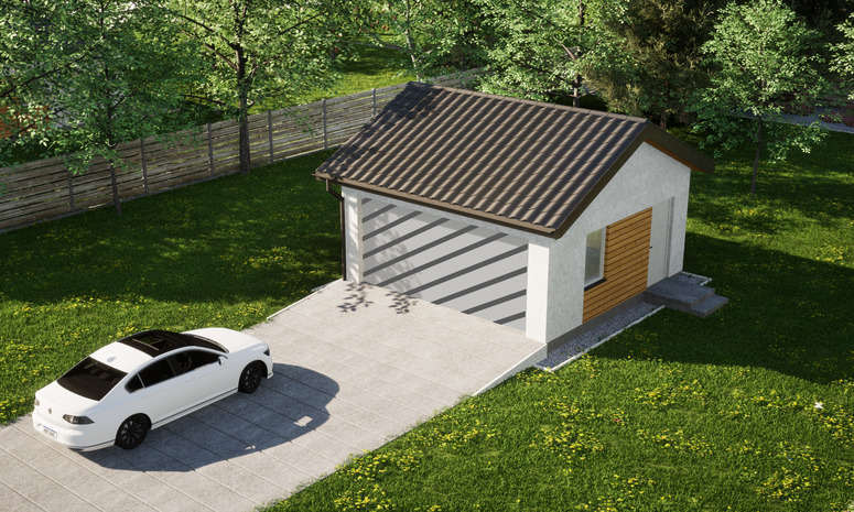Garaż ERDOL G2 - Wersja prawa - Układ kalenicy równoległy z dachem dwuspadowym o kącie nachylenia 25 stopni - Bez bramy - Styropian, siatka i klej - Biały