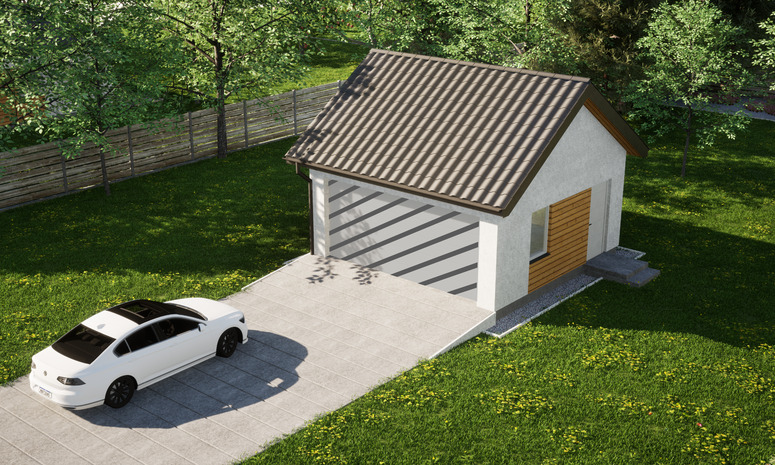 Garaż ERDOL G2 - Wersja prawa - Układ kalenicy równoległy z dachem dwuspadowym o kącie nachylenia 35 stopni - Bez bramy - Styropian, siatka i klej - Biały