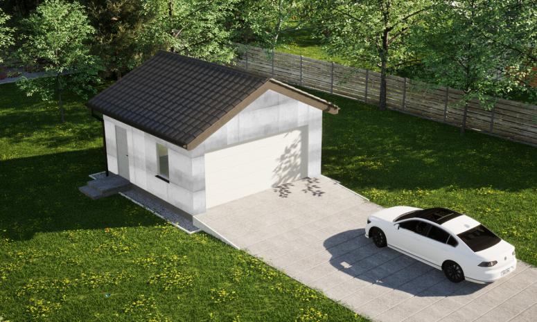 Garaż ERDOL G2 - Wersja lewa - Układ kalenicy prostopadły z dachem dwuspadowym o kącie nachylenia 25 stopni - Brama segmentowa z napędem IO, sterowana pilotem - UniPro WIŚNIOWSKI - Bez styropianu, siatki i kleju - Biały