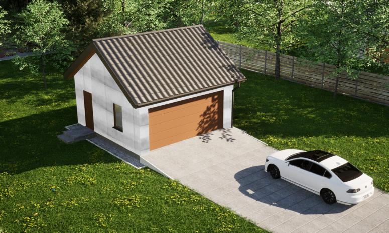 Garaż ERDOL G2 - Wersja lewa - Układ kalenicy równoległy z dachem dwuspadowym o kącie nachylenia 35 stopni - Brama segmentowa z napędem IO, sterowana pilotem - UniPro WIŚNIOWSKI - Bez styropianu, siatki i kleju - Złoty dąb