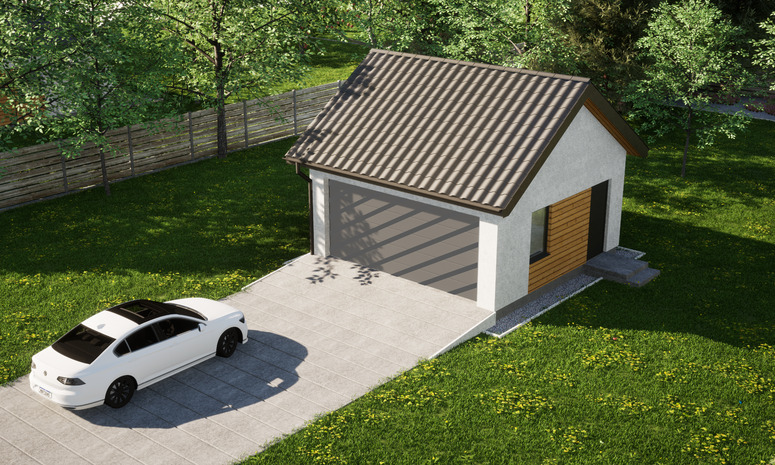 Garaż ERDOL G2 - Wersja prawa - Układ kalenicy równoległy z dachem dwuspadowym o kącie nachylenia 35 stopni - Bez bramy - Styropian, siatka i klej - Antracyt