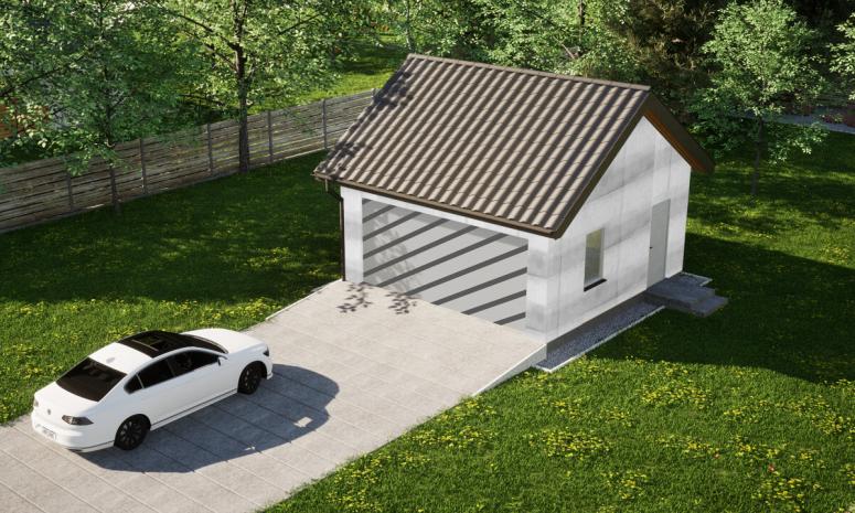 Garaż ERDOL G2 - Wersja prawa - Układ kalenicy równoległy z dachem dwuspadowym o kącie nachylenia 35 stopni - Bez bramy - Bez styropianu, siatki i kleju - Biały