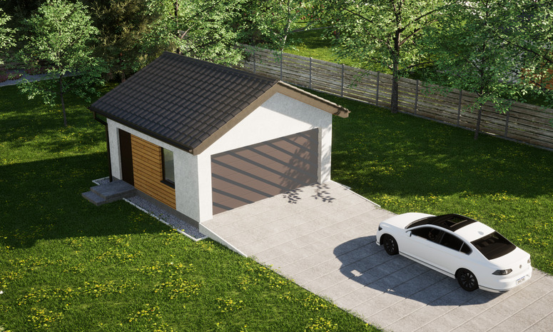 Garaż ERDOL G2 - Wersja lewa - Układ kalenicy prostopadły z dachem dwuspadowym o kącie nachylenia 25 stopni - Bez bramy - Styropian, siatka i klej - Orzech