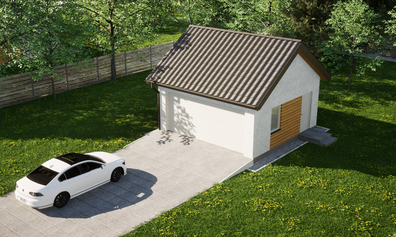 Garaż ERDOL G2 - Wersja prawa - Układ kalenicy równoległy z dachem dwuspadowym o kącie nachylenia 35 stopni - Brama segmentowa z napędem IO, sterowana pilotem - UniPro WIŚNIOWSKI - Styropian, siatka i klej - Biały