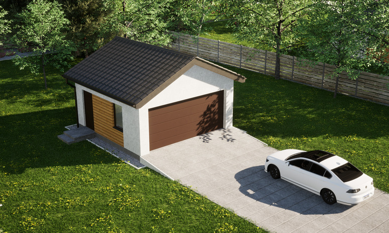Garaż ERDOL G2 - Wersja lewa - Układ kalenicy prostopadły z dachem dwuspadowym o kącie nachylenia 25 stopni - Brama segmentowa z napędem IO, sterowana pilotem - UniPro WIŚNIOWSKI - Styropian, siatka i klej - Orzech