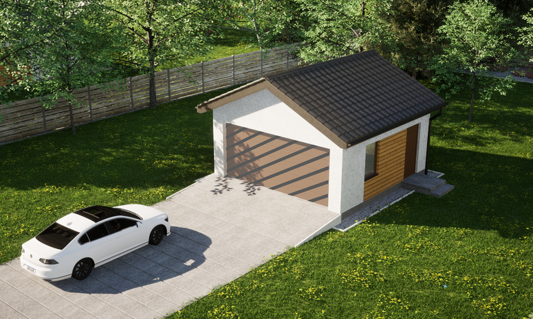 Garaż ERDOL G2 - Wersja prawa - Układ kalenicy prostopadły z dachem dwuspadowym o kącie nachylenia 25 stopni - Bez bramy - Styropian, siatka i klej - Złoty dąb