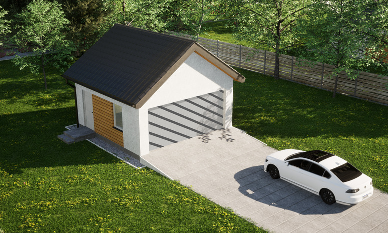 Garaż ERDOL G2 - Wersja lewa - Układ kalenicy prostopadły z dachem dwuspadowym o kącie nachylenia 35 stopni - Bez bramy - Styropian, siatka i klej - Biały