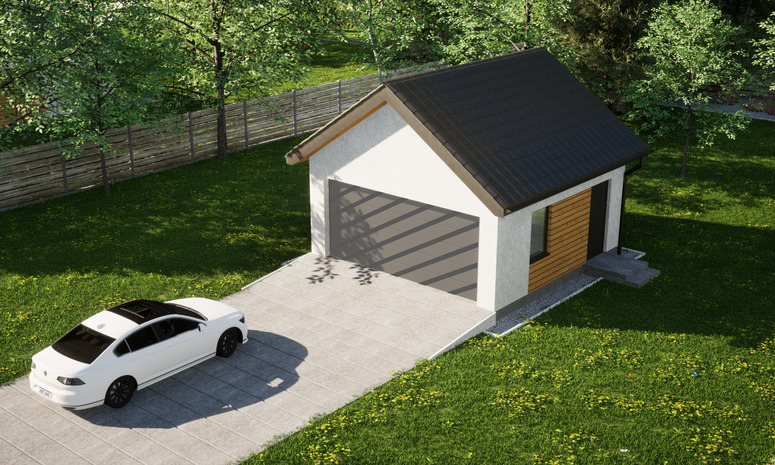Garaż ERDOL G2 - Wersja prawa - Układ kalenicy prostopadły z dachem dwuspadowym o kącie nachylenia 35 stopni - Bez bramy - Styropian, siatka i klej - Antracyt