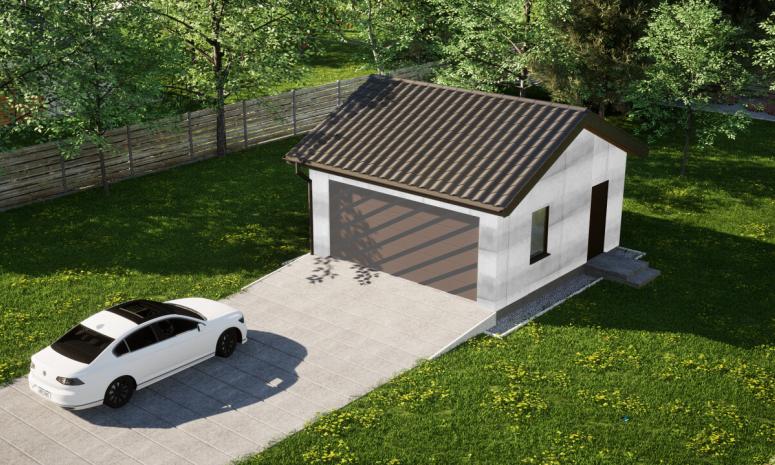 Garaż ERDOL G2 - Wersja prawa - Układ kalenicy równoległy z dachem dwuspadowym o kącie nachylenia 25 stopni - Bez bramy - Bez styropianu, siatki i kleju - Orzech