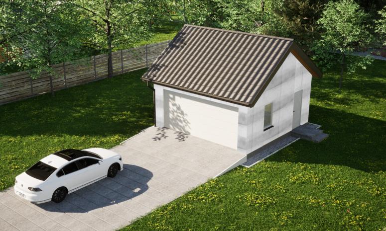 Garaż ERDOL G2 - Wersja prawa - Układ kalenicy równoległy z dachem dwuspadowym o kącie nachylenia 35 stopni - Brama segmentowa z napędem IO, sterowana pilotem - UniPro WIŚNIOWSKI - Bez styropianu, siatki i kleju - Biały